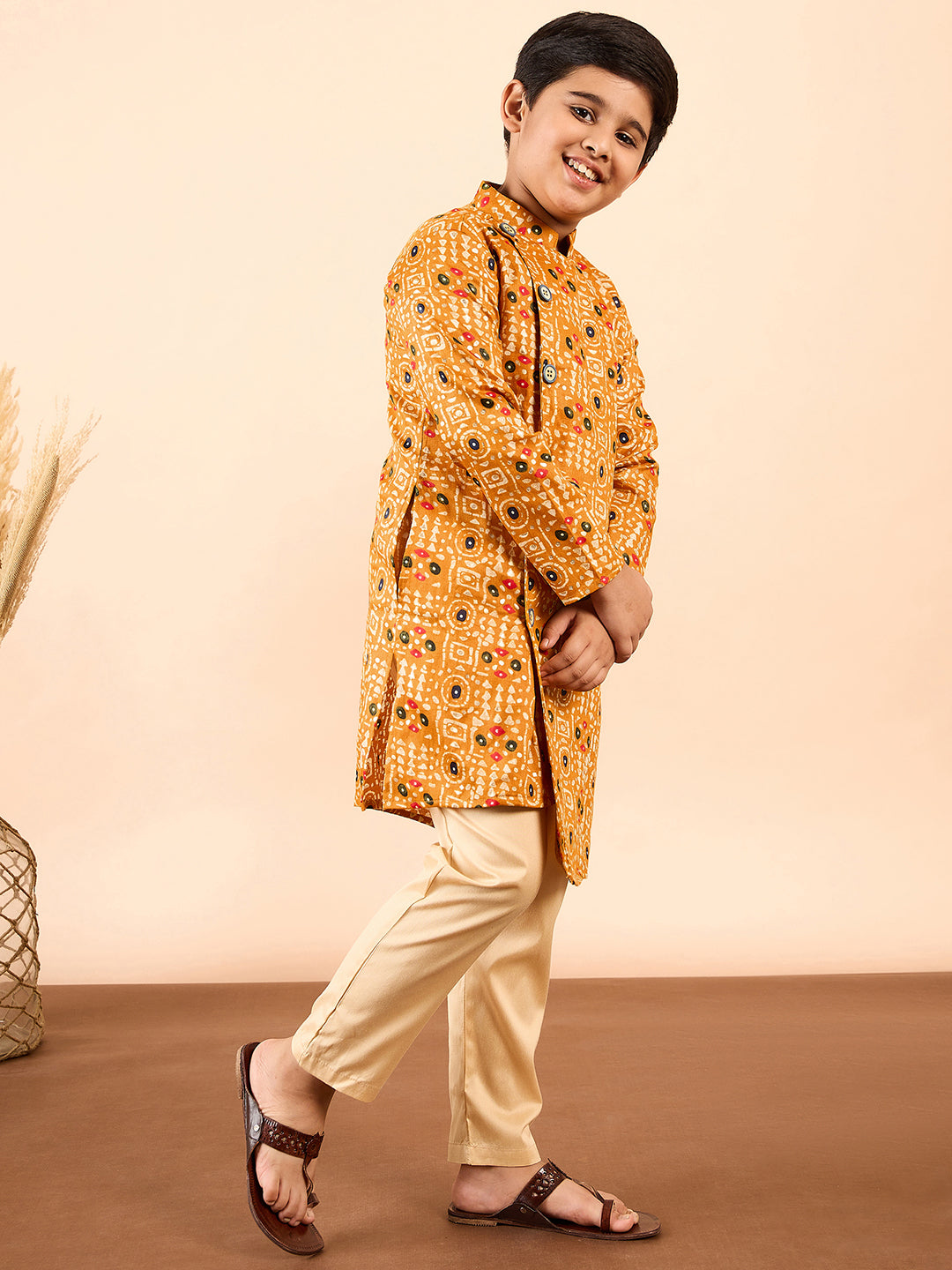 Boys Ankle Length Printed Kurta Set - Yellow