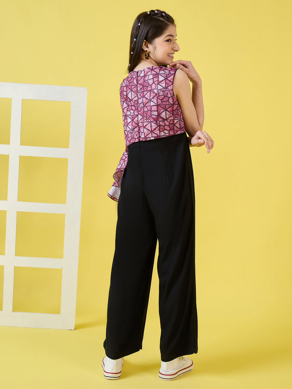 Girls Ankle Length Printed Jumpsuit - Black
