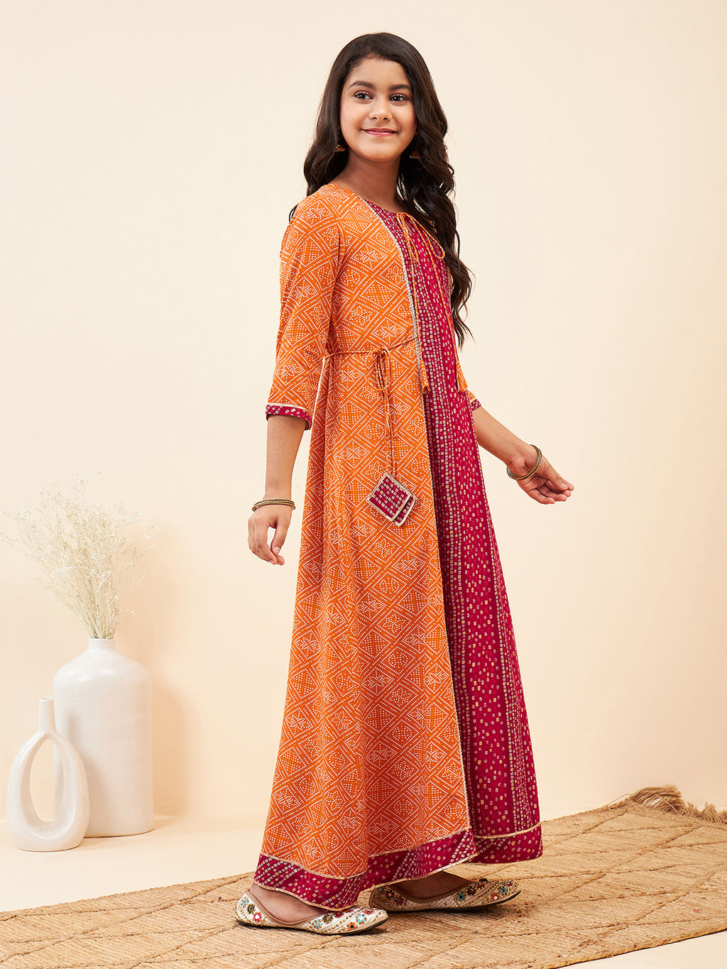 Girls Ankle Length Printed Kurti Set - Orange