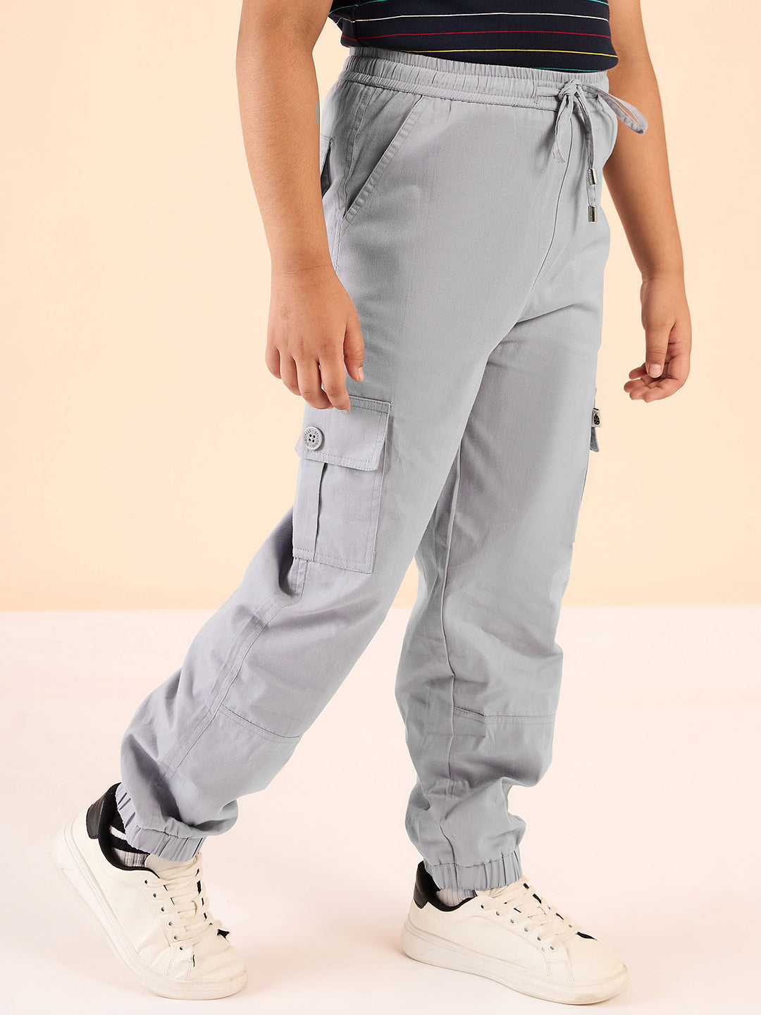 Boys Ankle Length Solid Cargo Pants - Grey