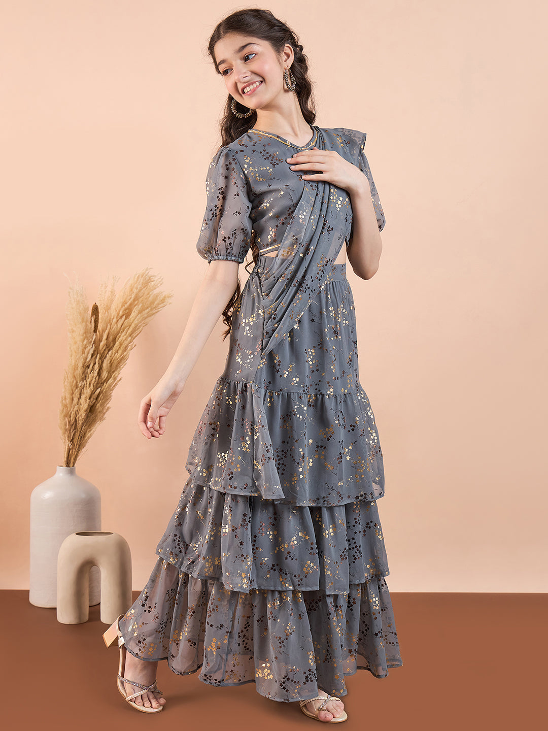 Girls Ankle Length Printed Lehenga Choli - Grey