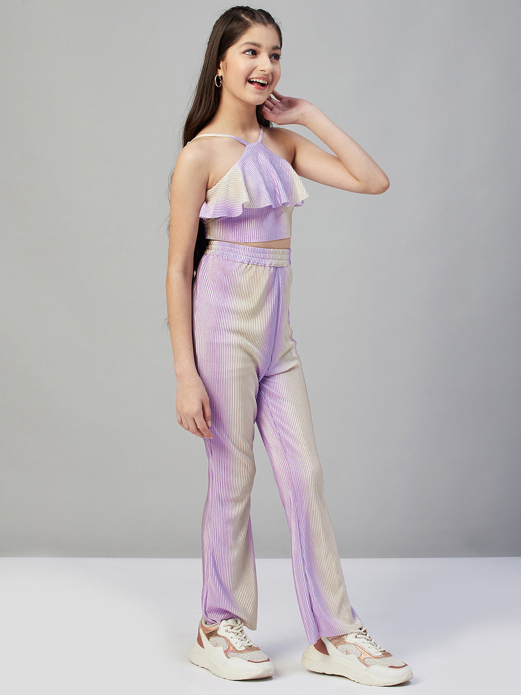 Girls Ankle Length Solid Top With Pants - Purple