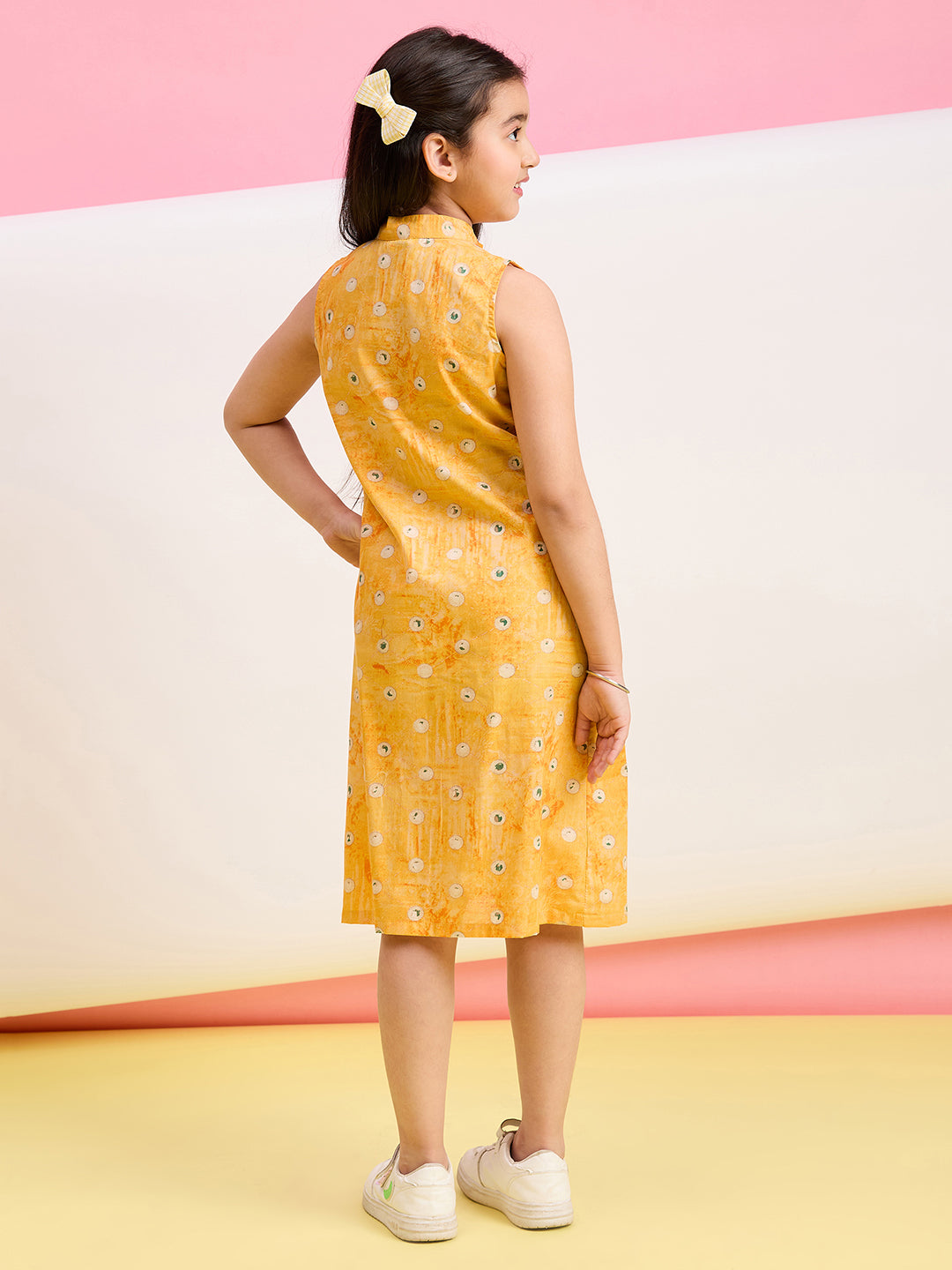 Girls Below Knee Printed Dress - Yellow