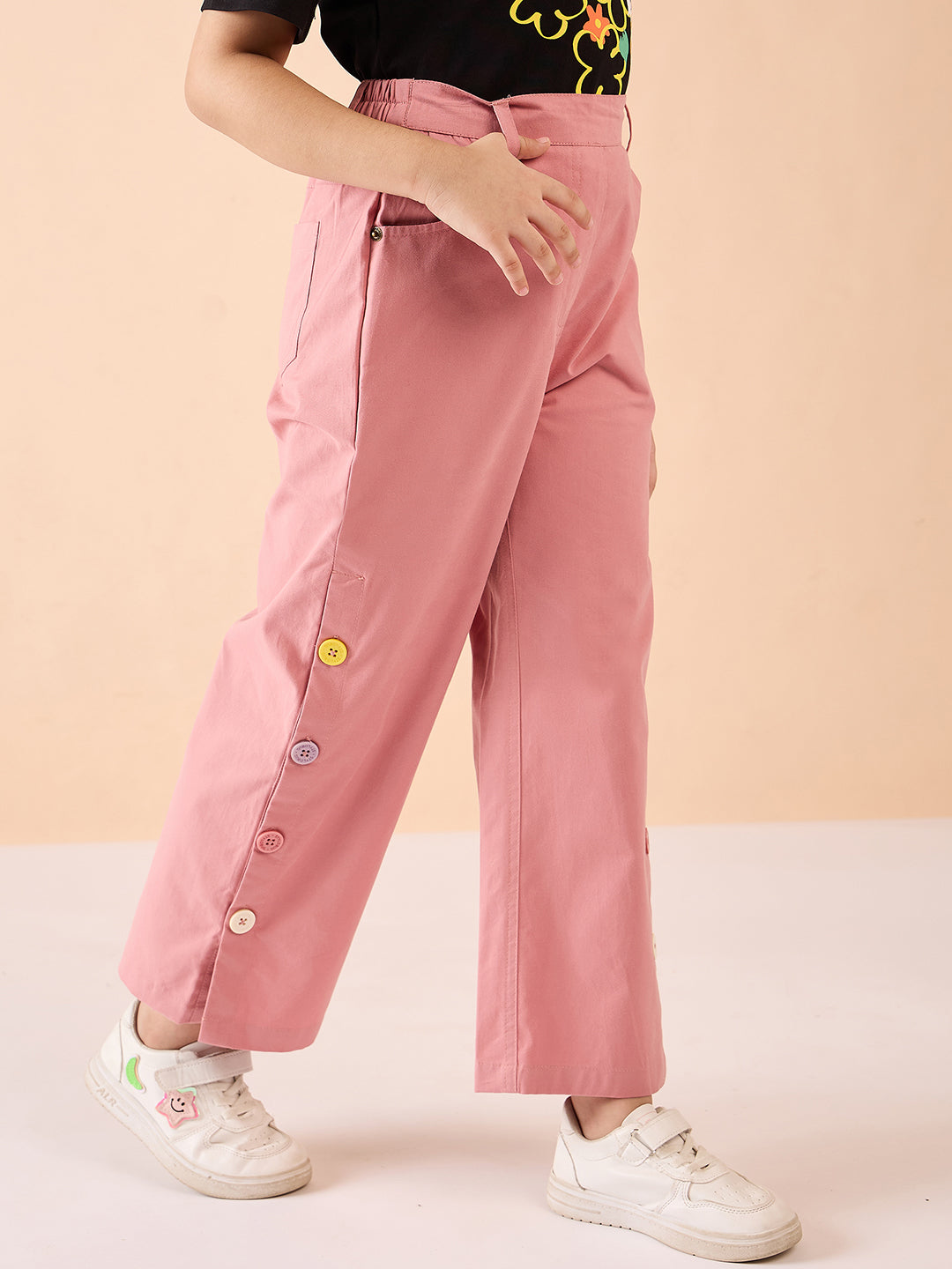 Girls Ankle Length Solid Cargo Pants - Pink