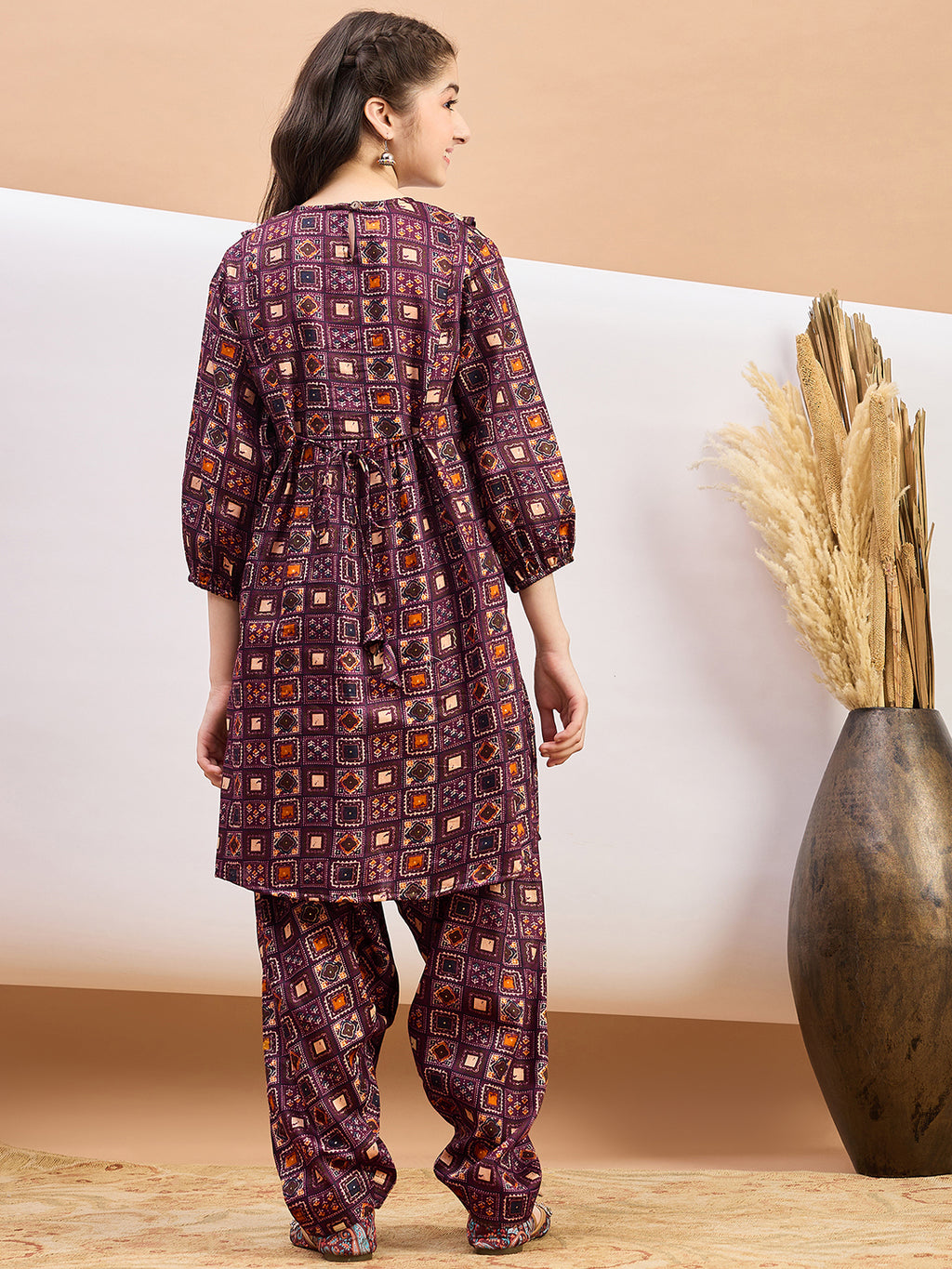 Girls Ankle Length All over Print Kurti Set - Maroon