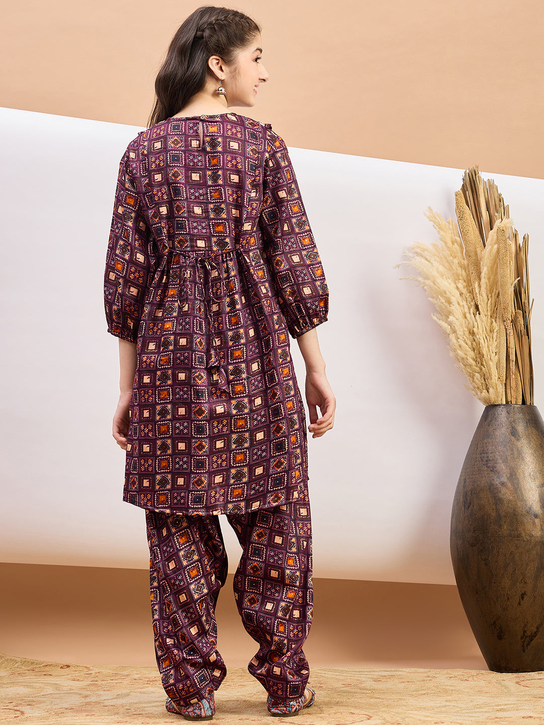 Girls Ankle Length All over Print Kurti Set - Maroon