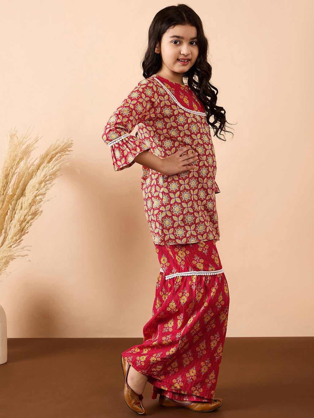 Girls Ankle Length All over Print Kurti Set - Red