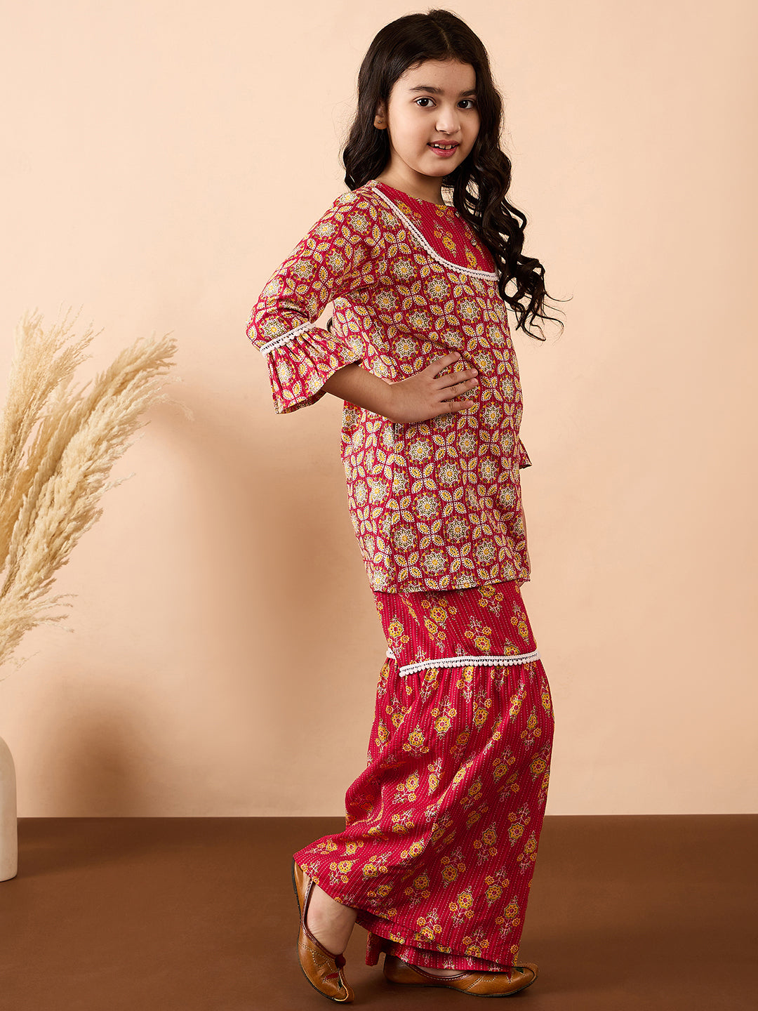 Girls Ankle Length All over Print Kurti Set - Red