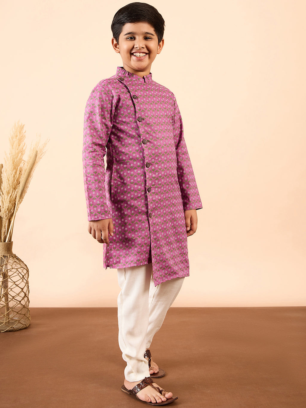 Boys Ankle Length Printed Kurta Set - Purple