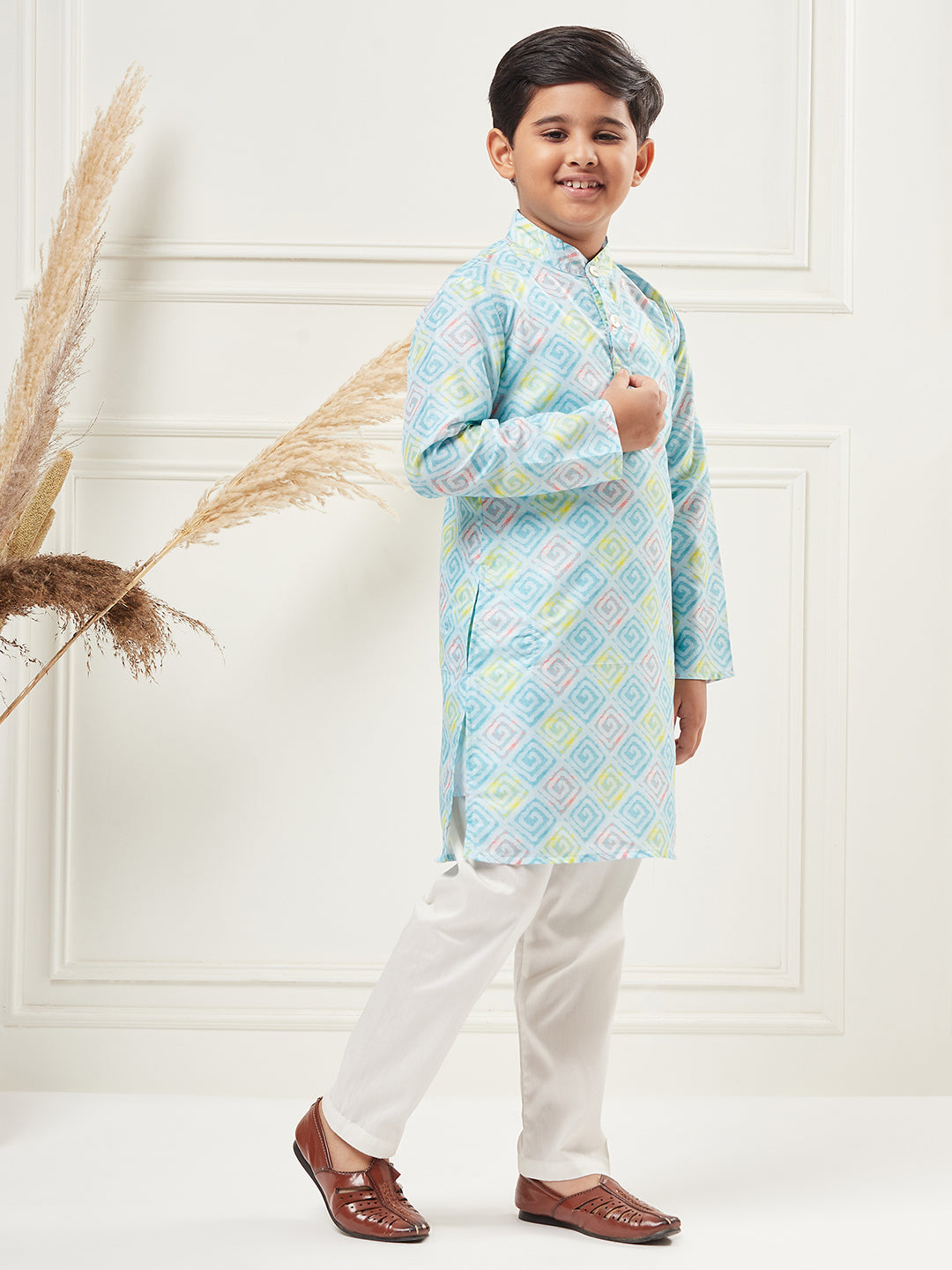 Boys Above Knee All over print Kurta Set - Blue