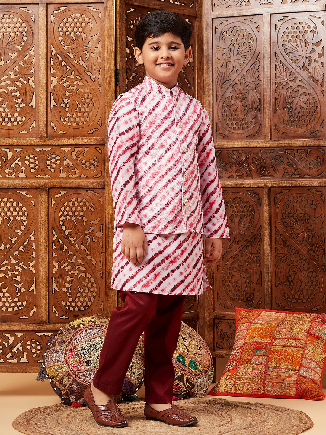 Boys Above Knee Embroidery Kurta Set with Jacket - Maroon