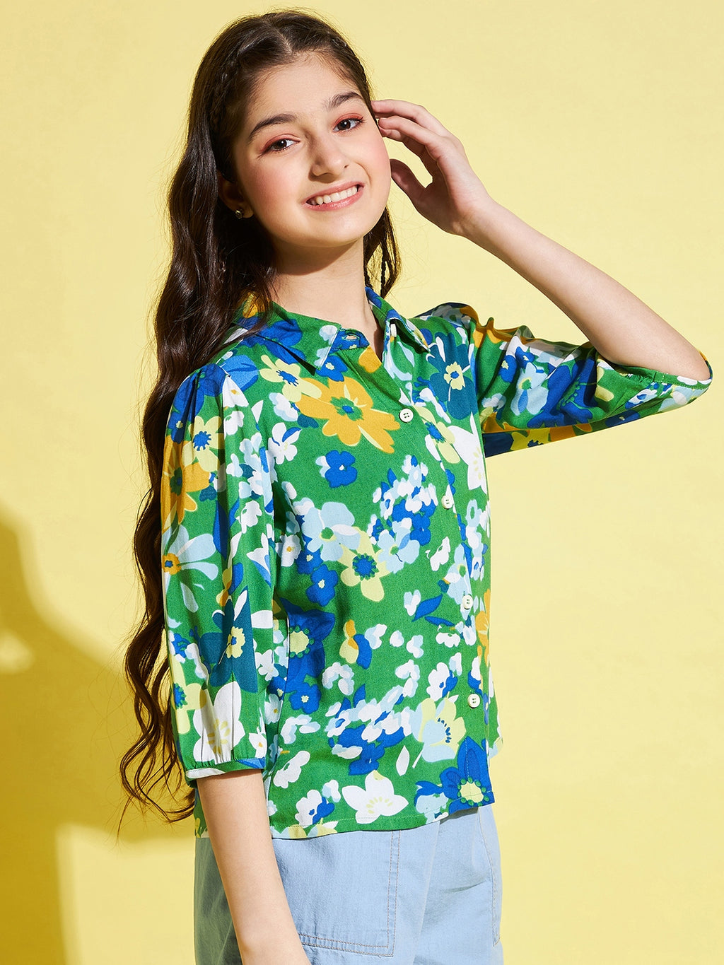Girls Mid Thigh All over print Top - Green