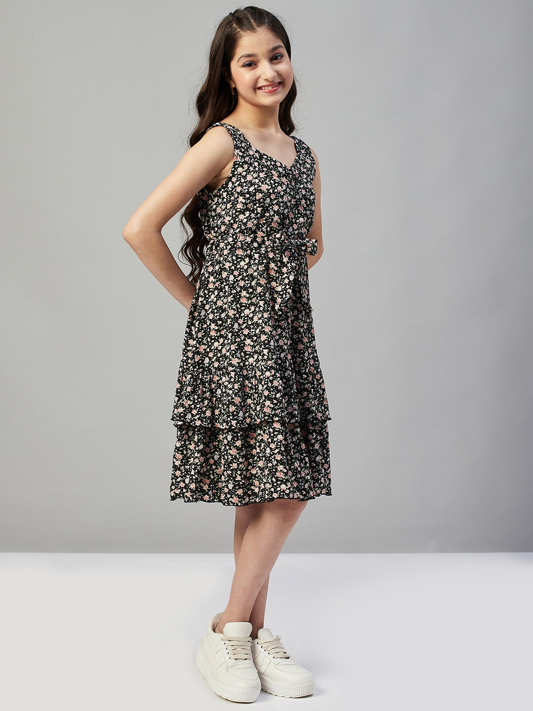 Girls knee length Printed Dress - Black