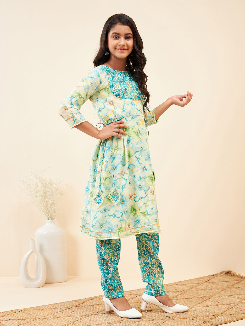 Girls Ankle Length Printed Kurti Set - Green