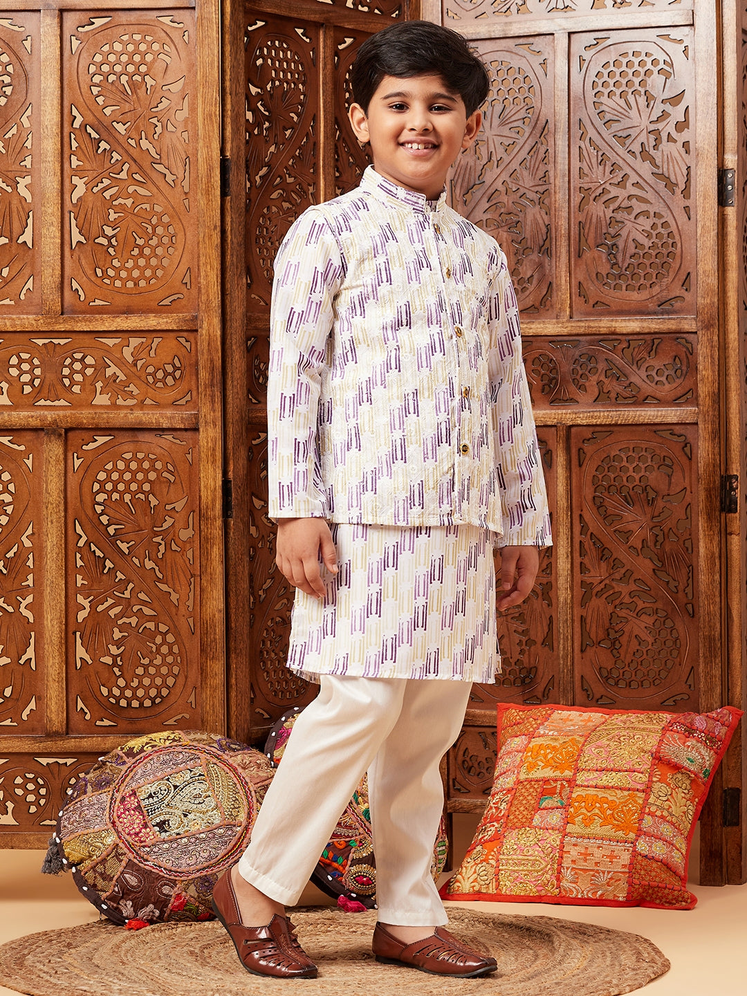 Boys Above Knee Embroidery Kurta Set with Jacket - Purple