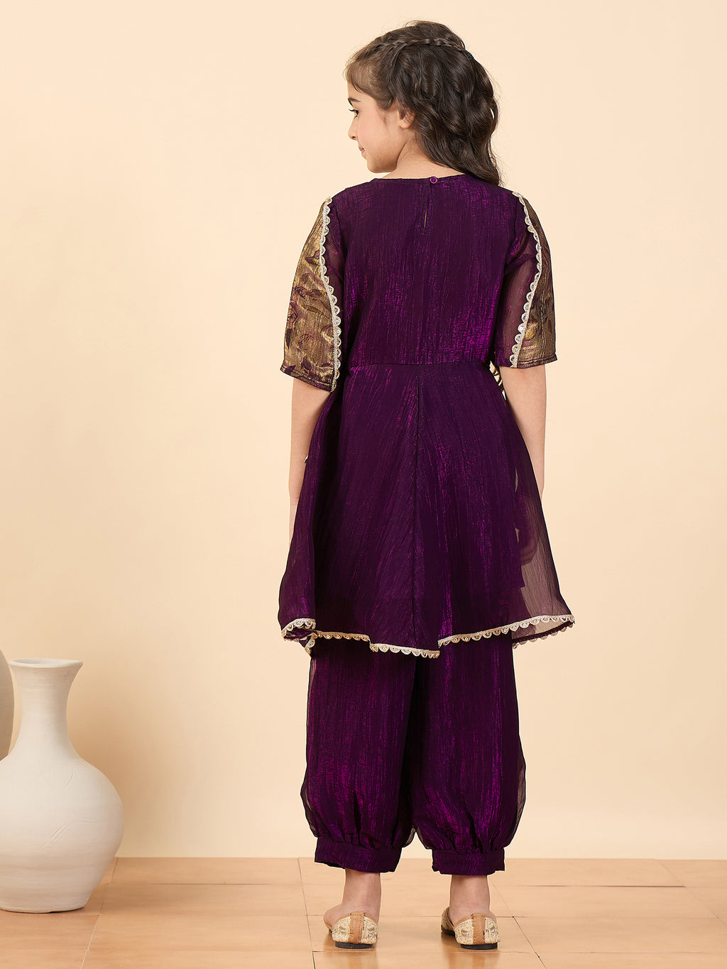 Girls Above Knee Solid Kurti Set - Purple