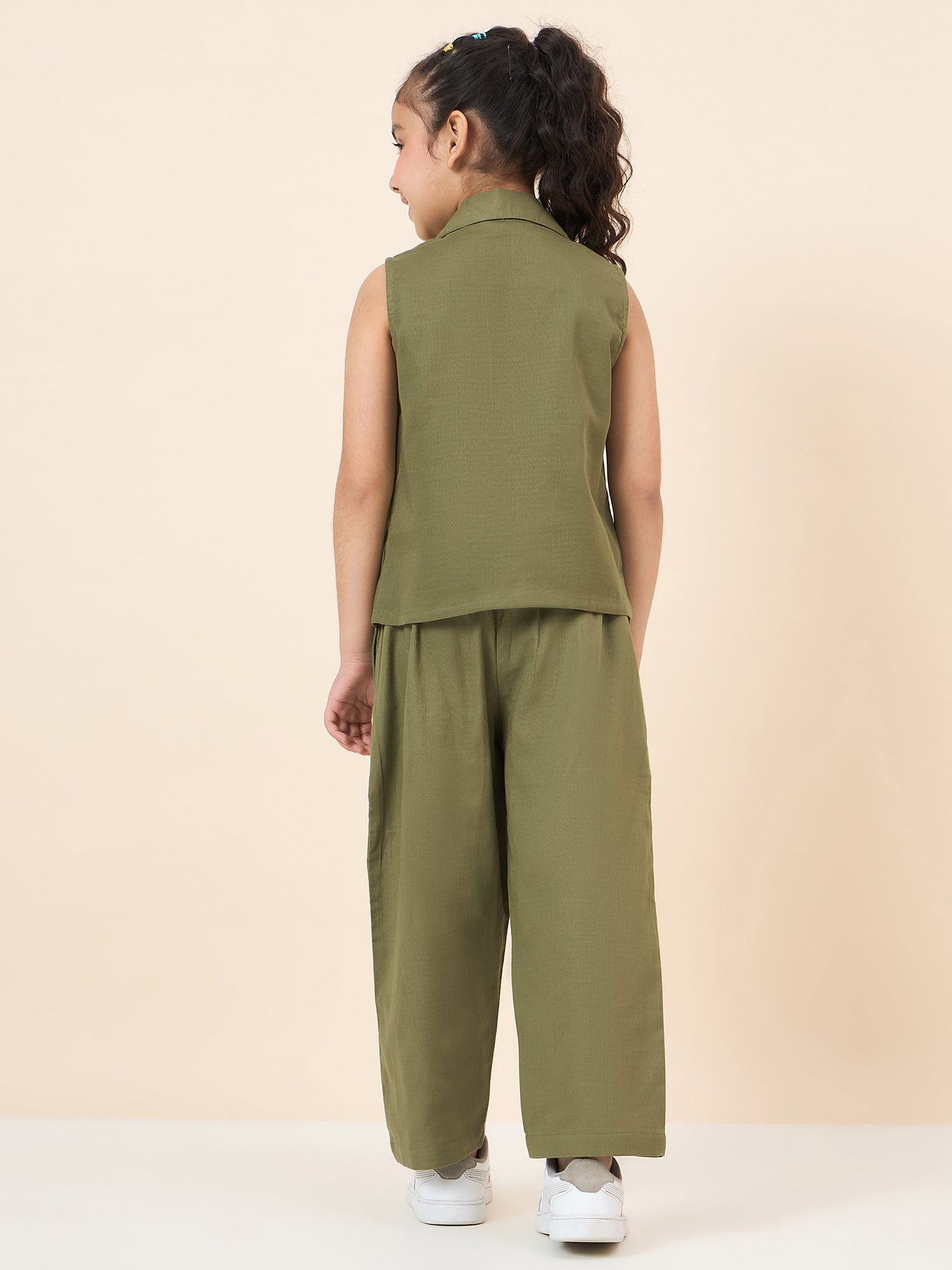 Girls Ankle Length Solid Top With Pants - Green
