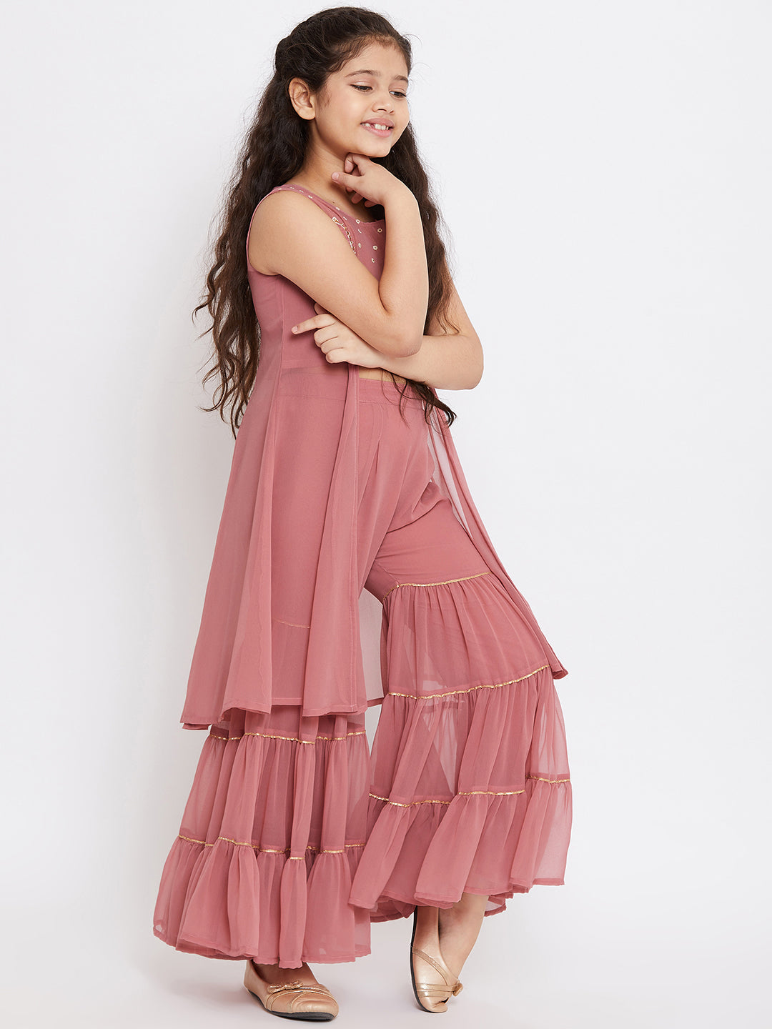 Girls Ankle Length Solid Kurti Set - Pink