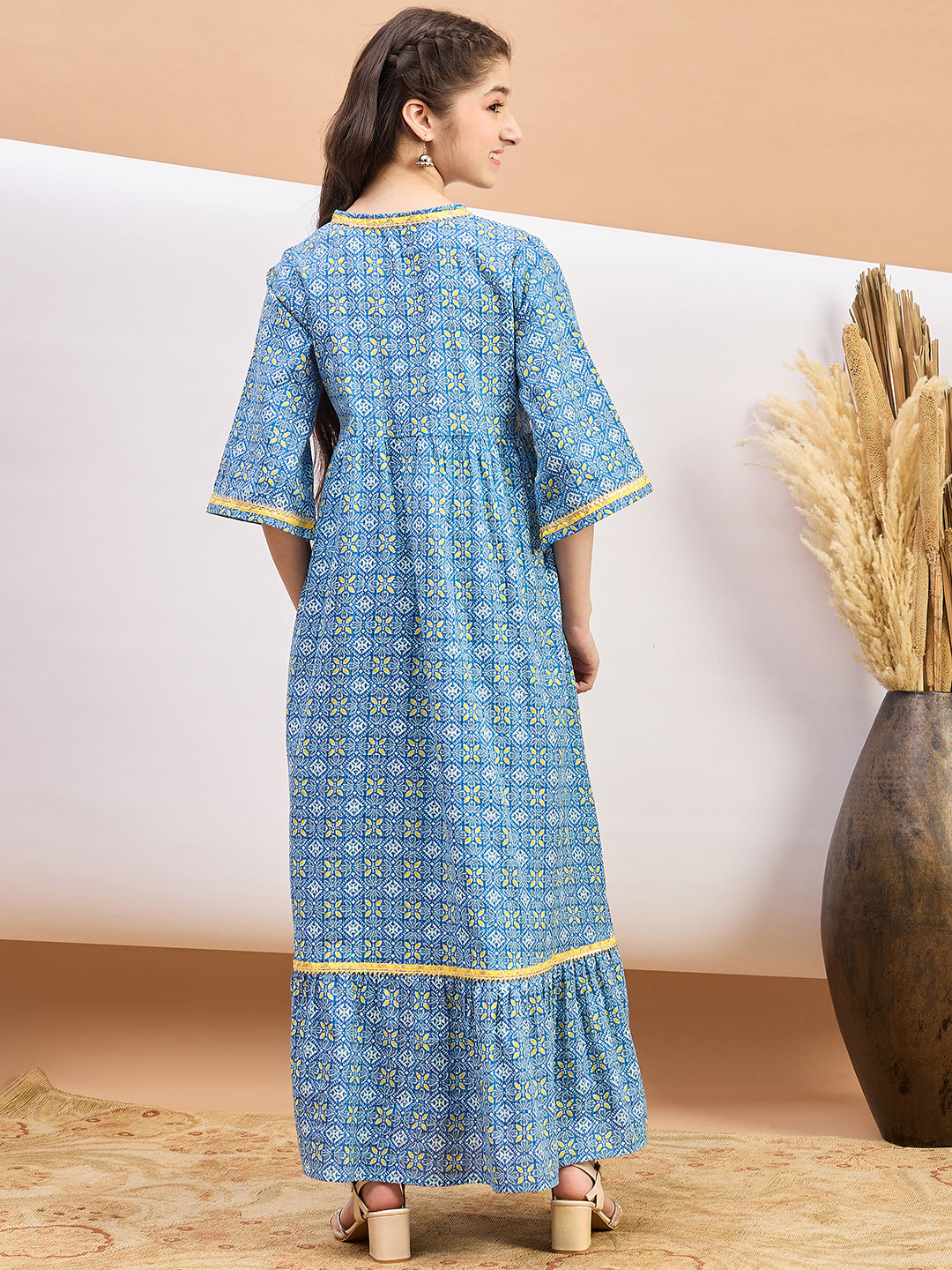 Girls Ankle Length Printed Dress - Blue