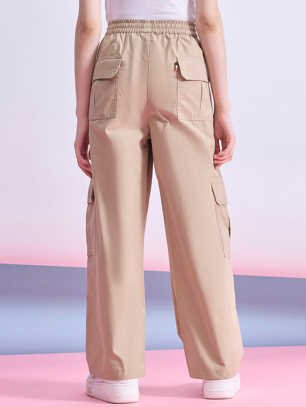 Girls Ankle Length Solid Cargo Pants - Beige