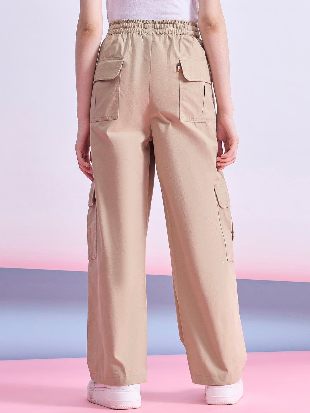 Girls Ankle Length Solid Cargo Pants - Beige