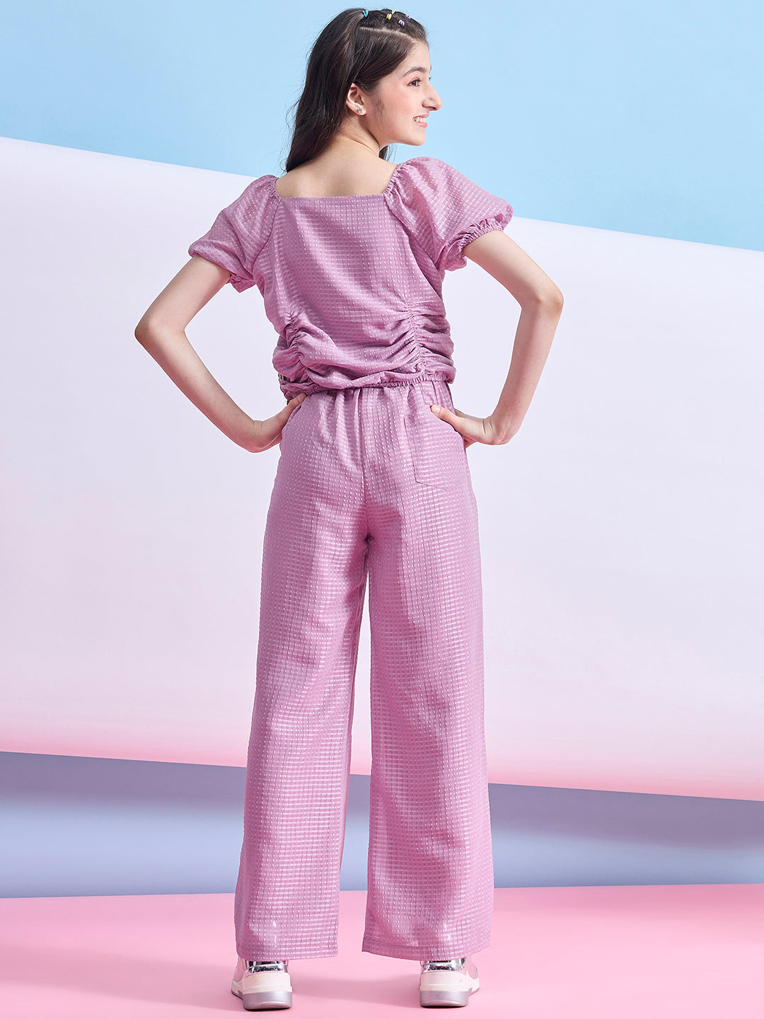 Girls Ankle Length Solid Top With Pants - Pink