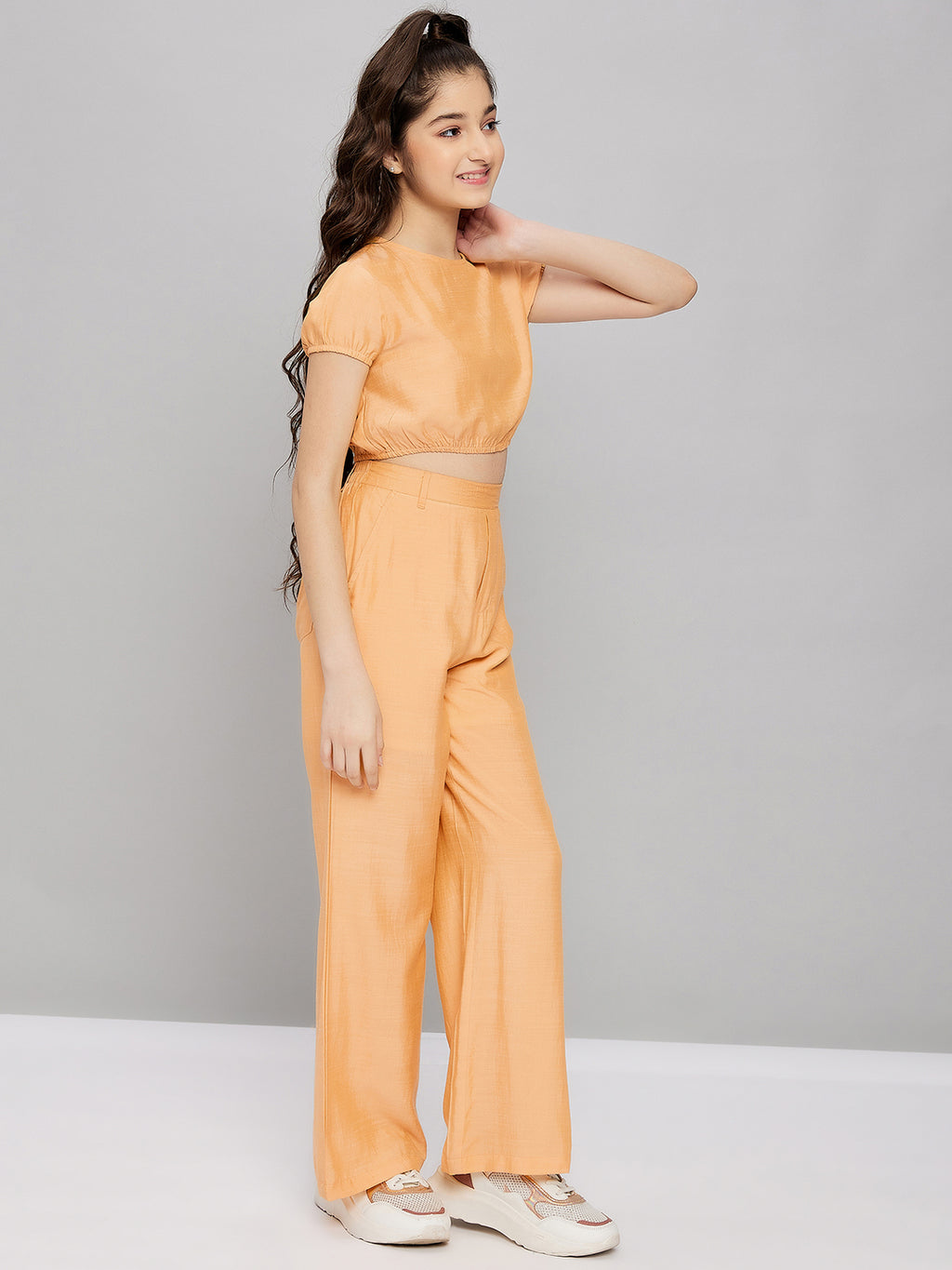 Girls Ankle Length Solid Top With Pants - Yellow