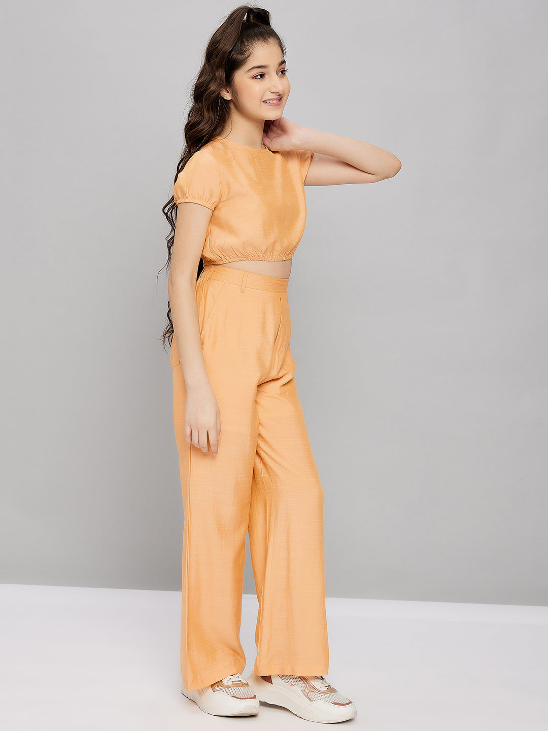 Girls Ankle Length Solid Top With Pants - Yellow