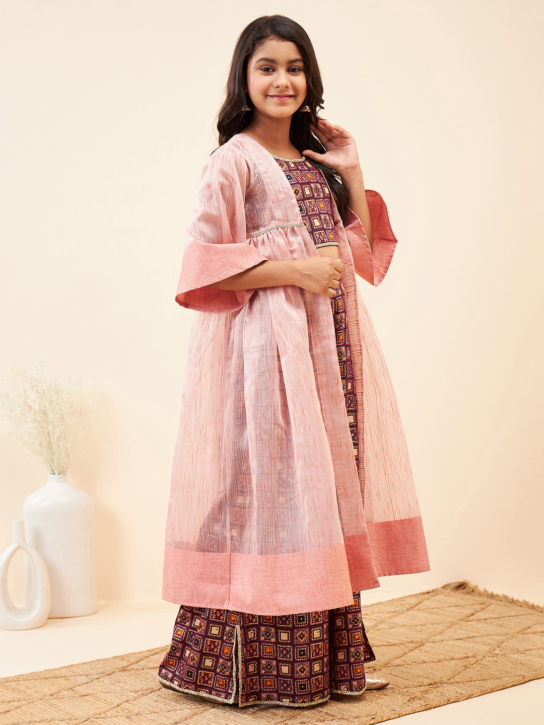 Girls Ankle Length Printed Kurti Set - Purple