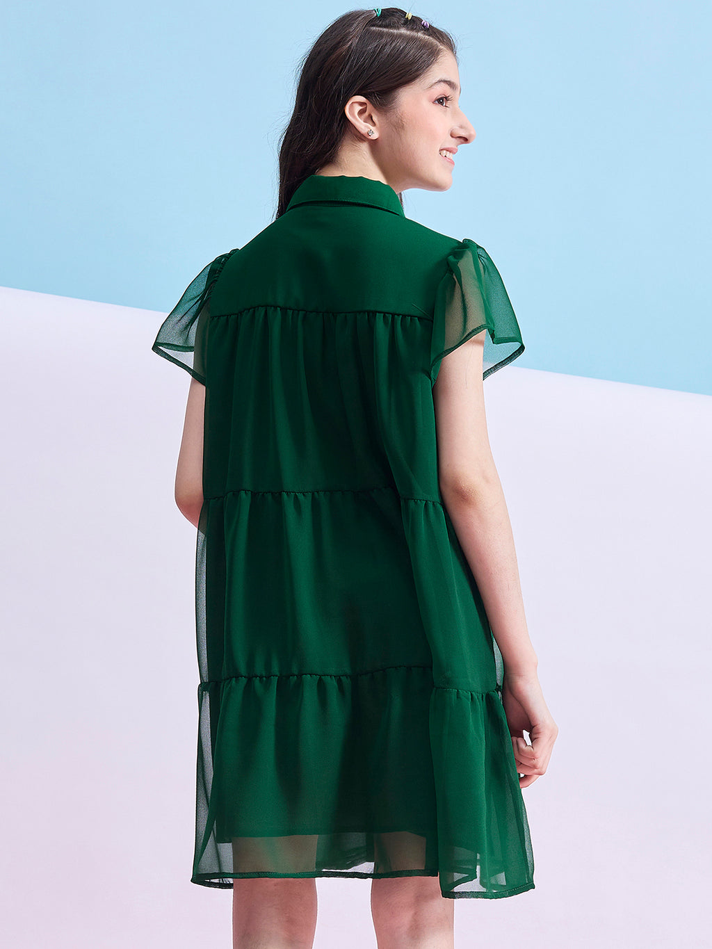 Girls Above Knee Solid Dress - Green