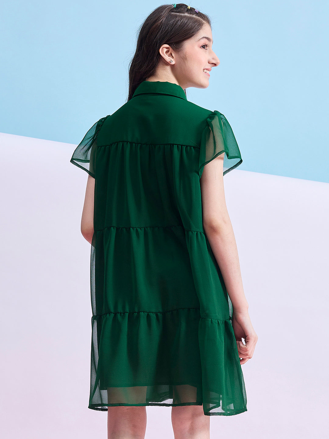 Girls Above Knee Solid Dress - Green