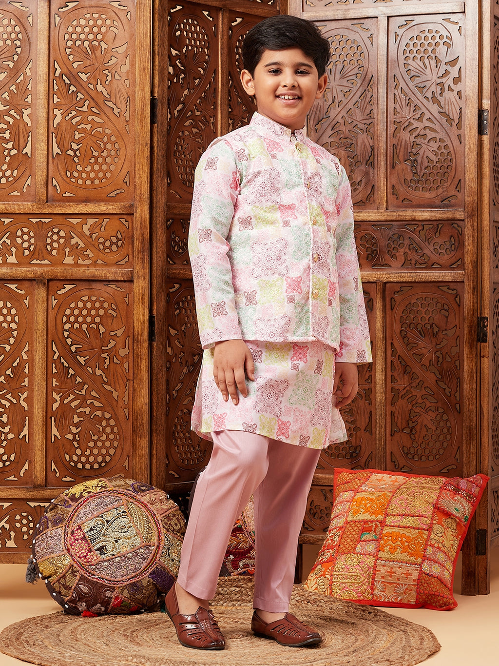 Boys Above Knee Embroidery Kurta Set with Jacket - Multi