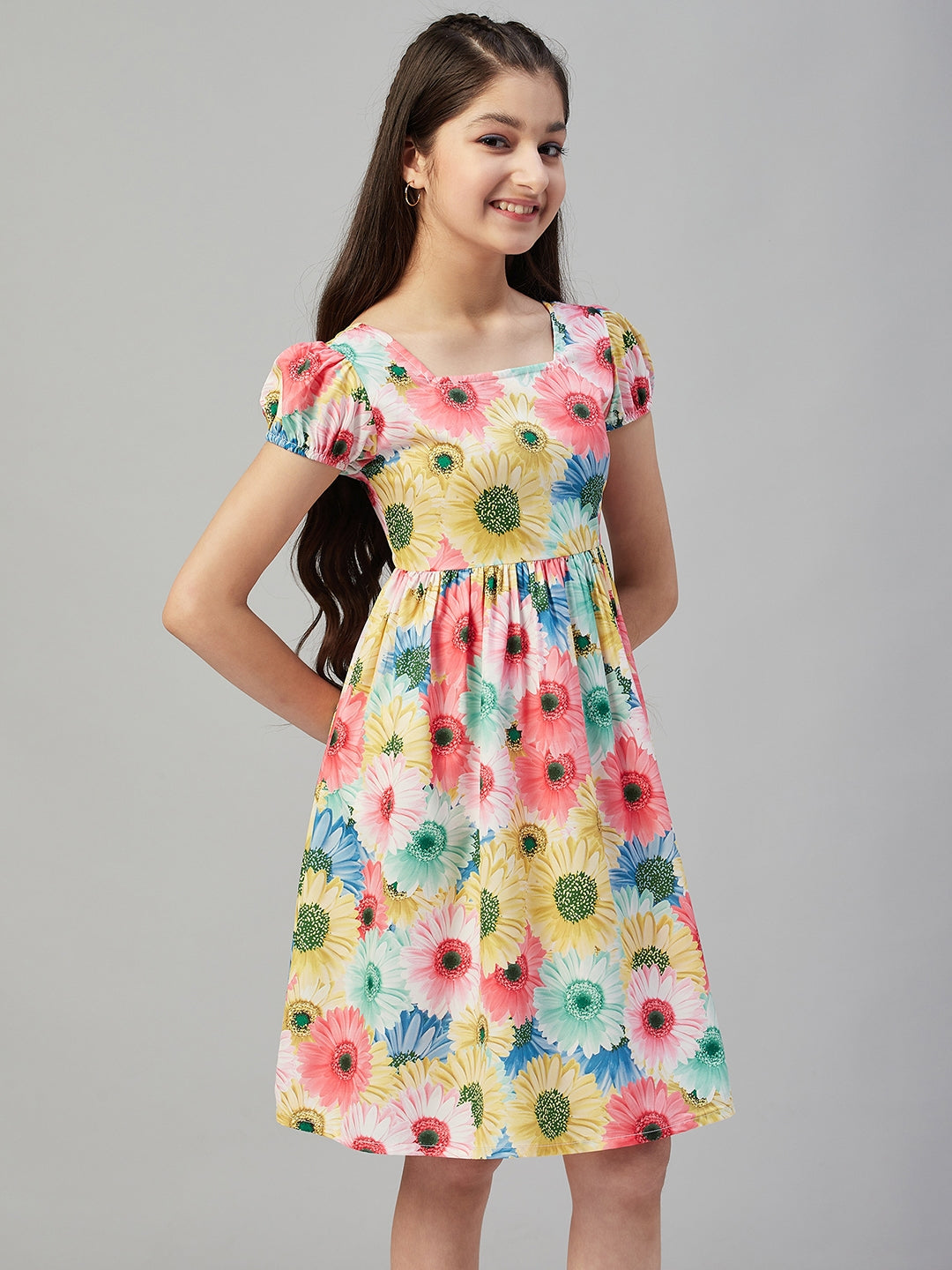 Girls Above Knee Printed Dress - Multi