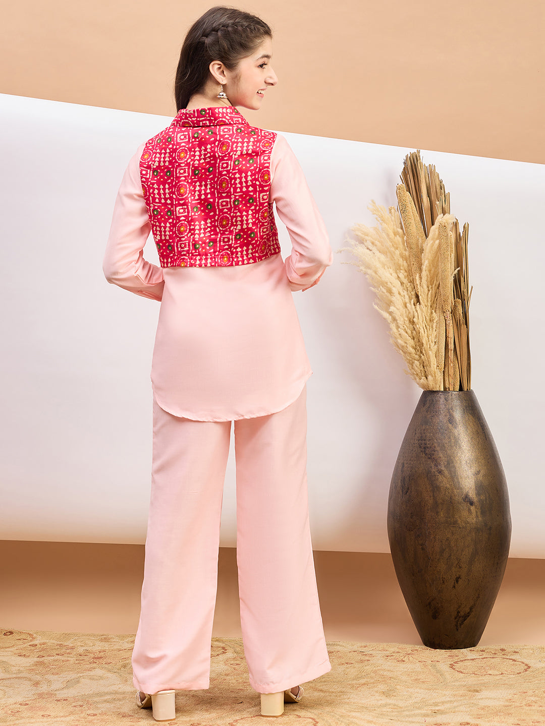 Girls Ankle Length Printed Kurti Set - Pink