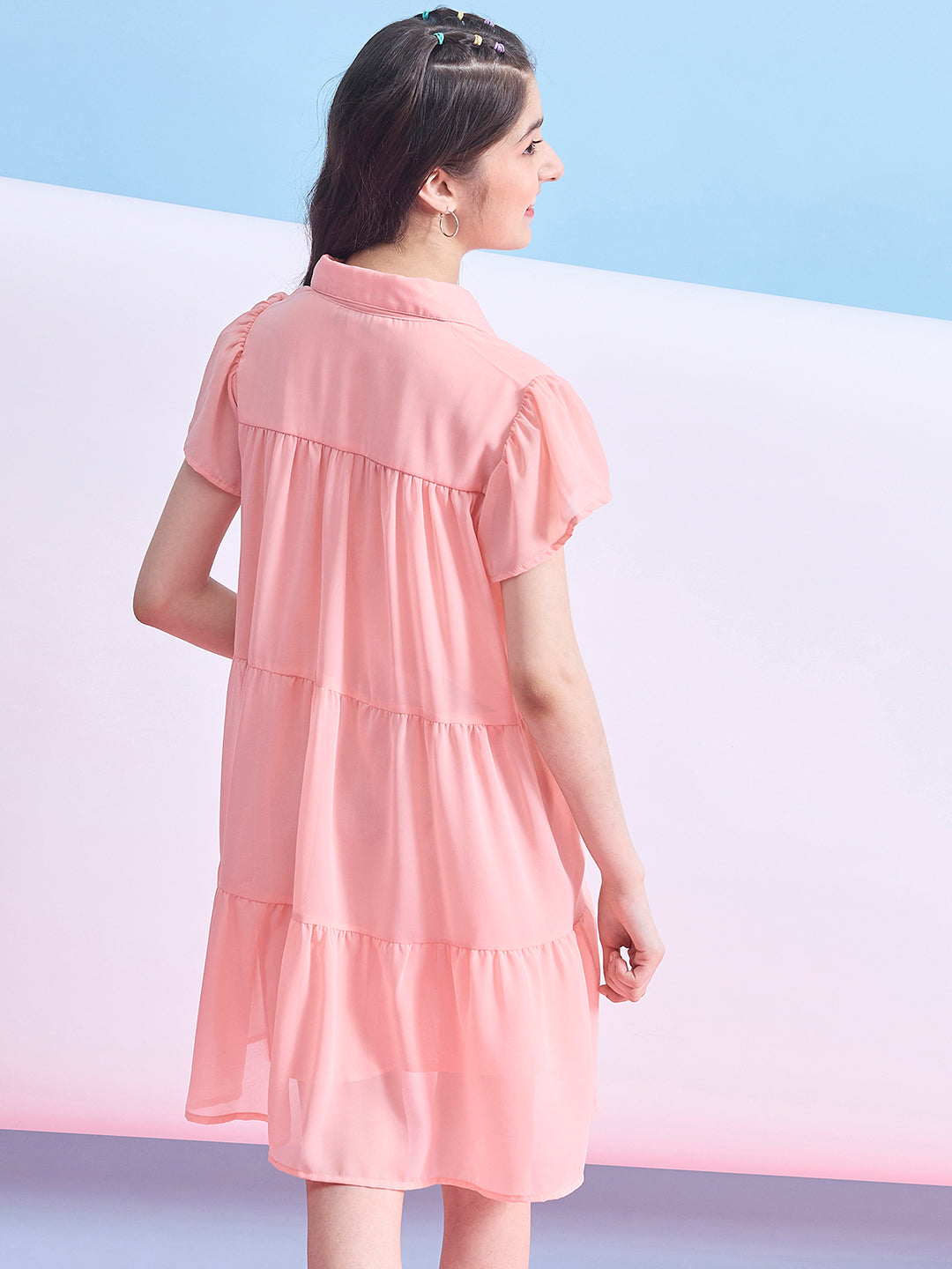 Girls Above Knee Solid Dress - Peach