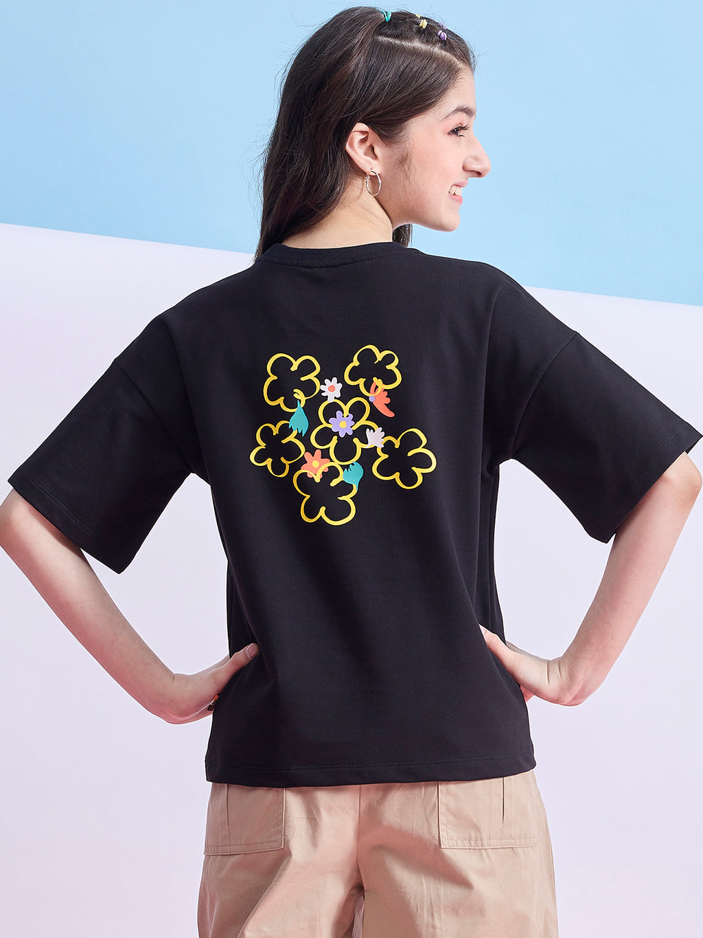 Girls Hip length Printed T-shirt - Black