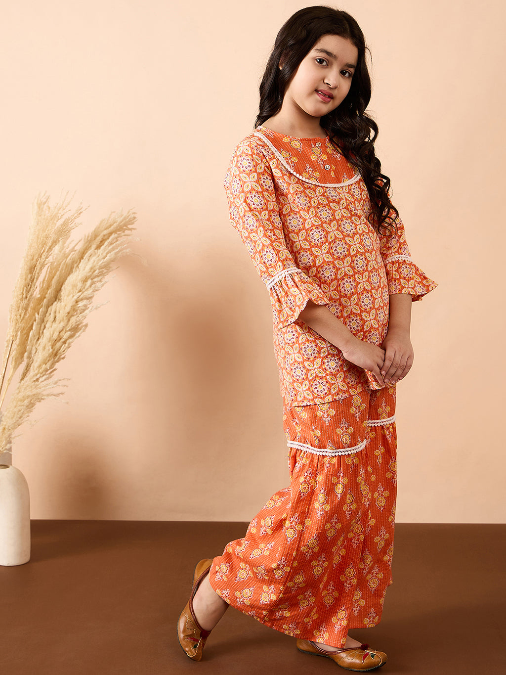 Girls Ankle Length All over Print Kurti Set - Orange