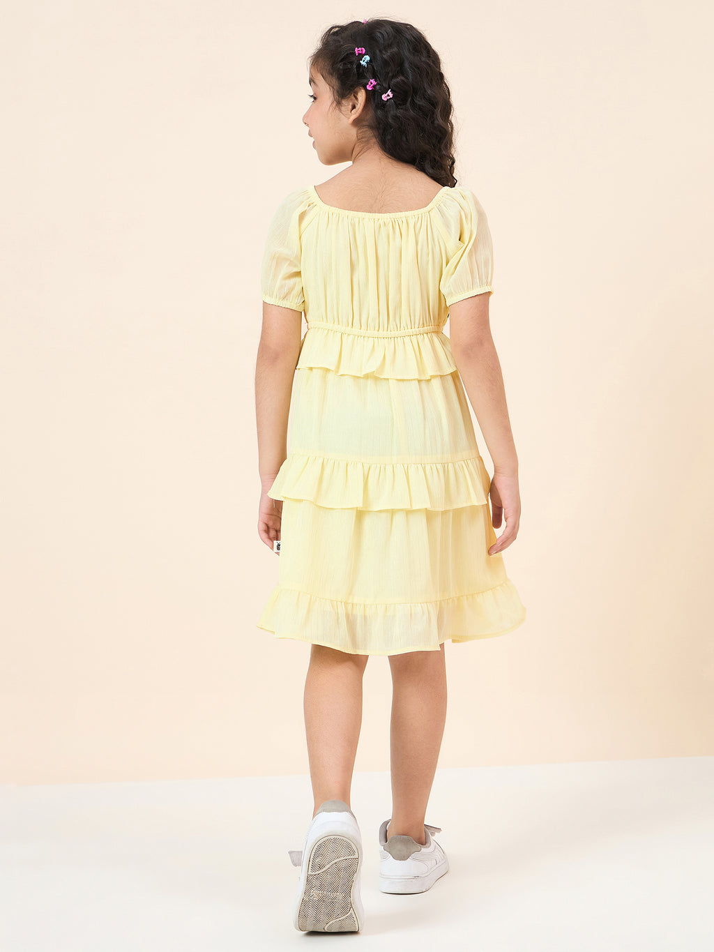 Girls Knee Length Solid Dress - Yellow