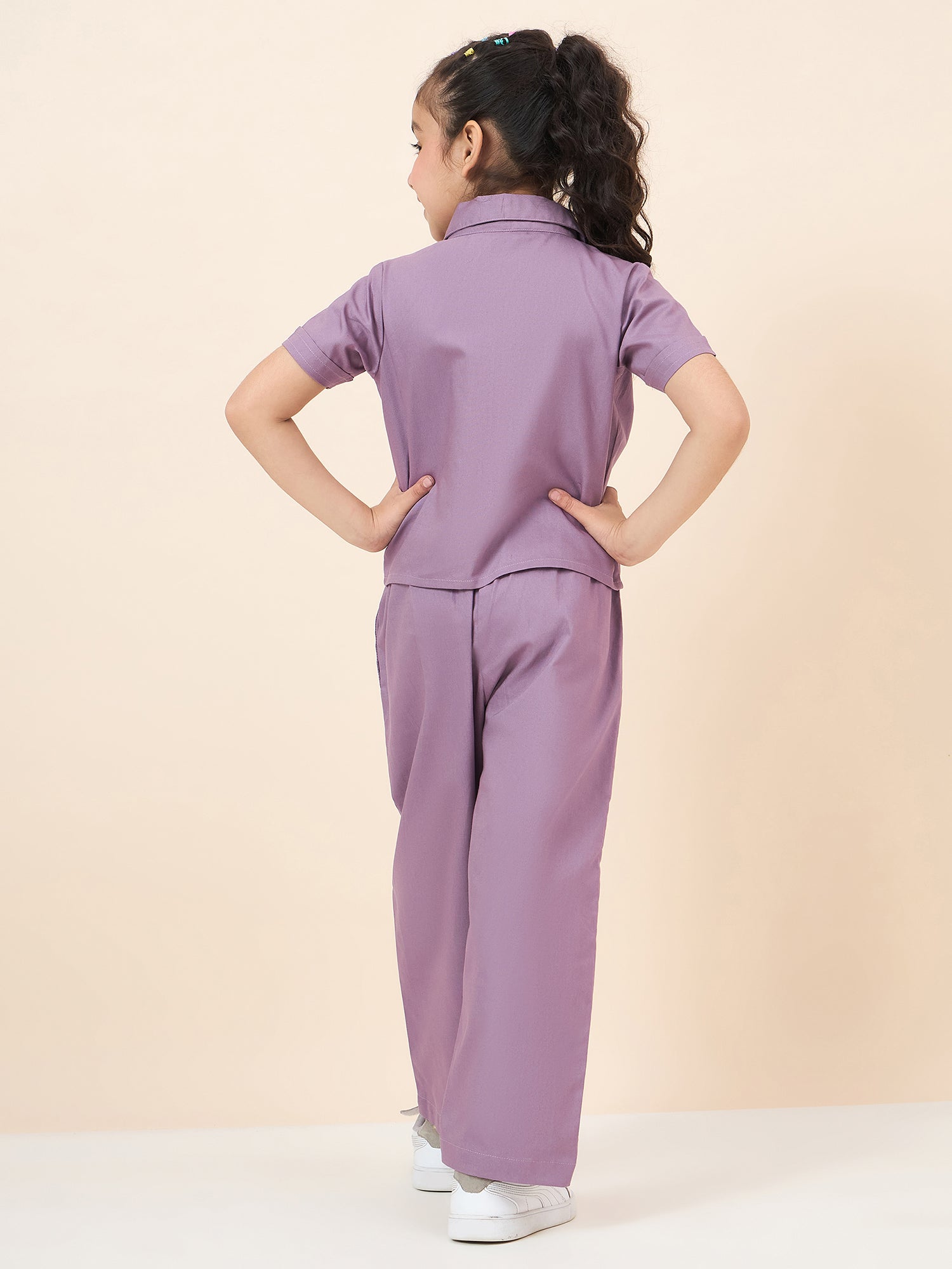 Girls Ankle Length Solid Top With Pants - Purple