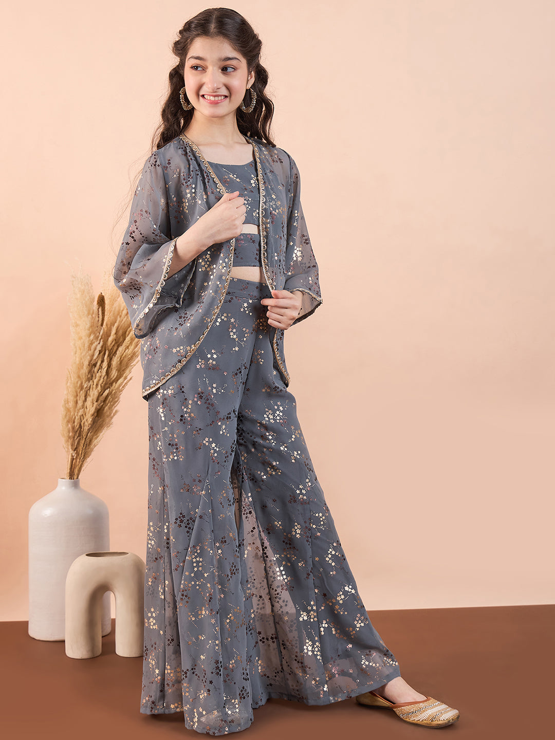 Girls Ankle Length Printed Kurti Set - Grey