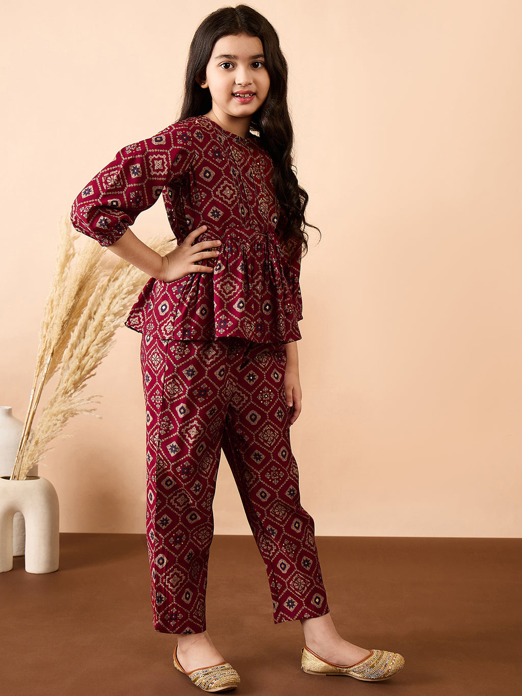 Girls Ankle Length All over Print Kurti Set - Red