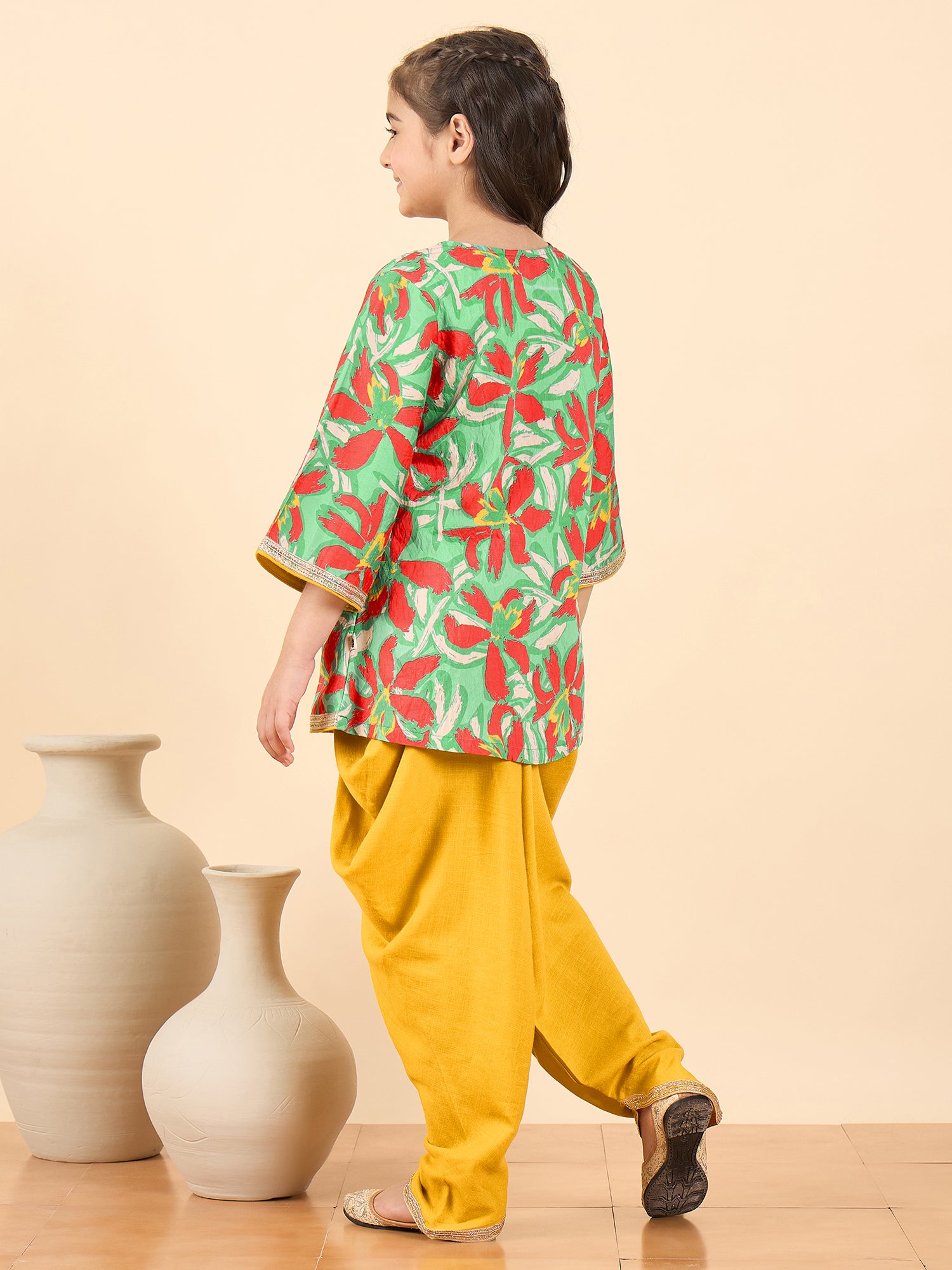 Girls Above Knee All over Print Kurti Set - Green