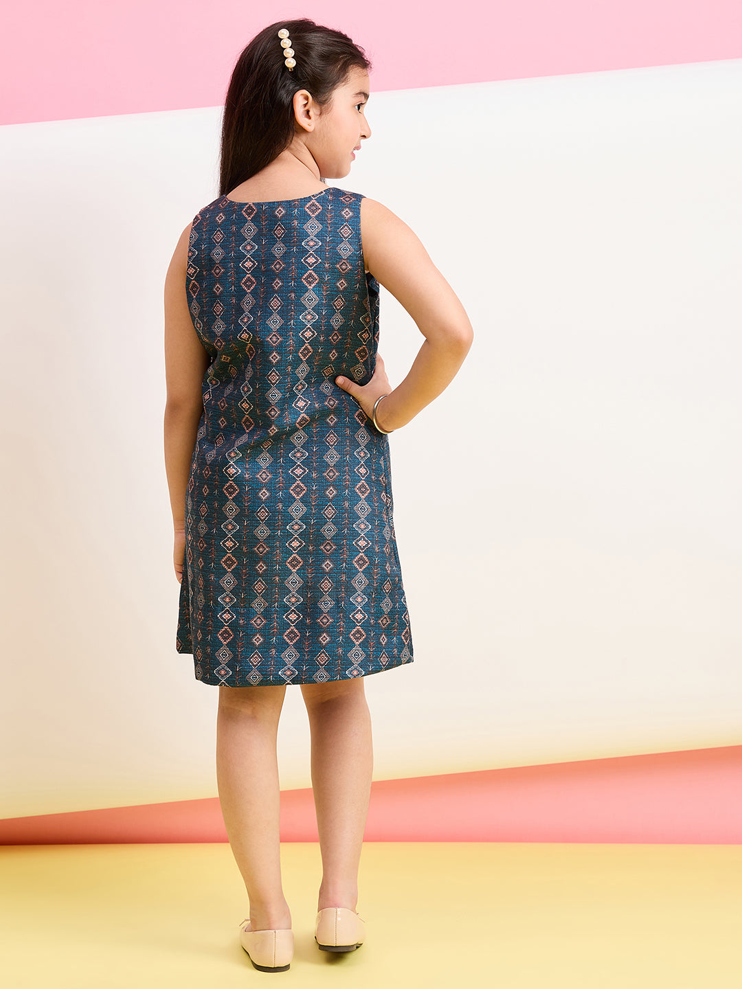 Girls Above Knee Printed Dress - Blue