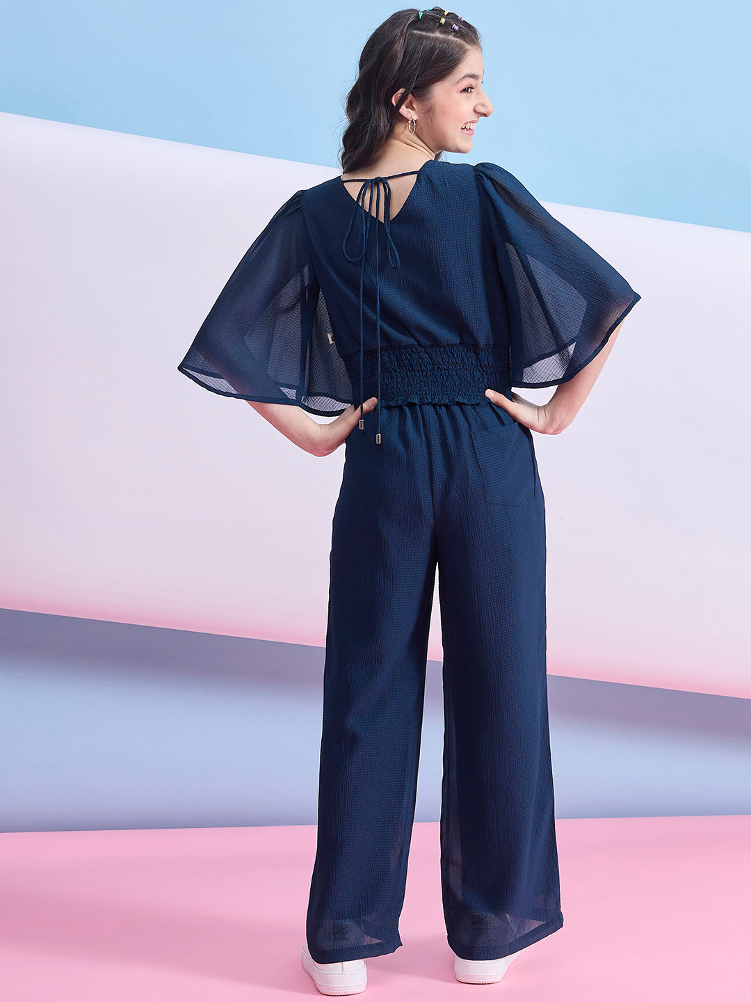 Girls Ankle Length Solid Top With Pants - Navy Blue