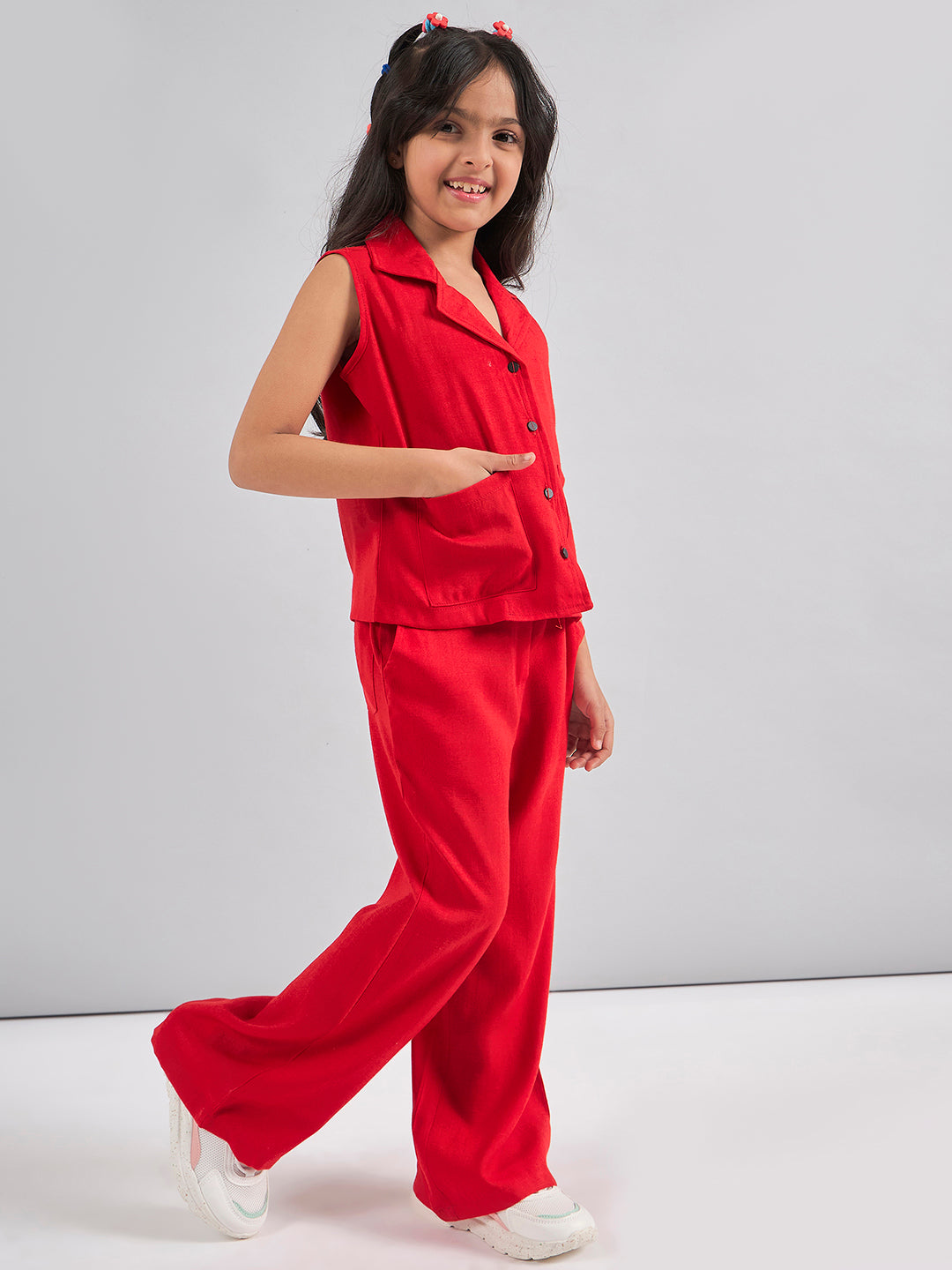 Girls Ankle Length Solid Top With Pants - Red