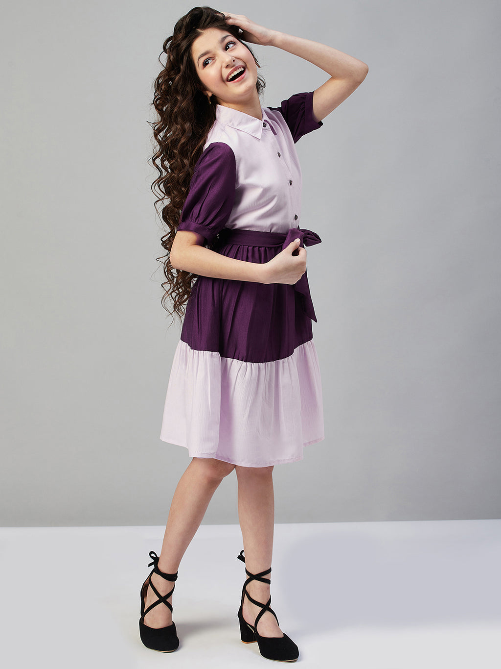 Girls Knee Length Solid Dress - Pink