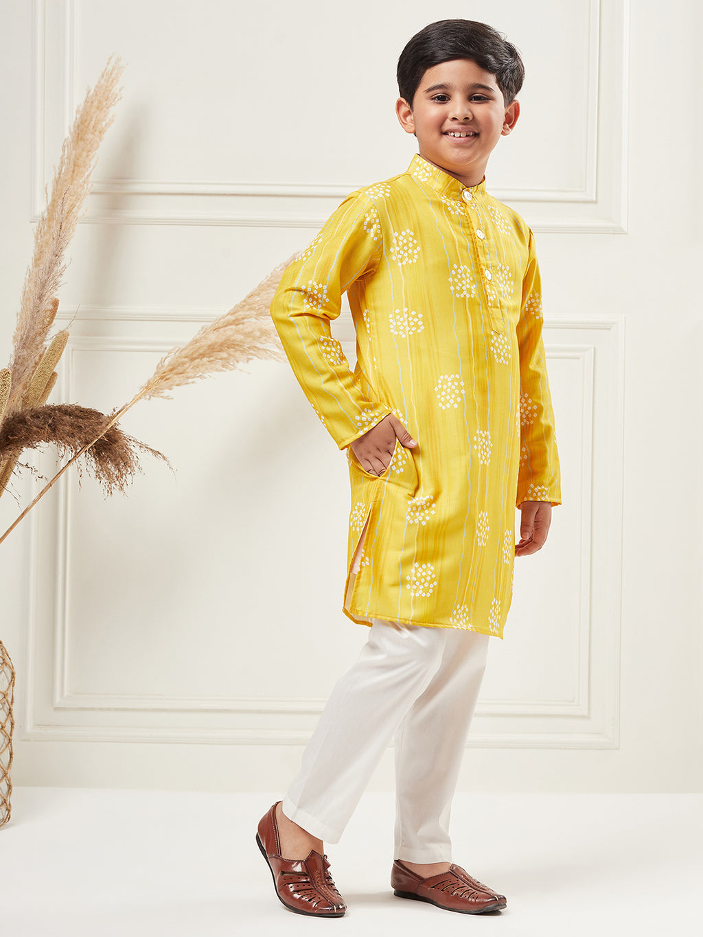 Boys Above Knee All over print Kurta Set - Yellow