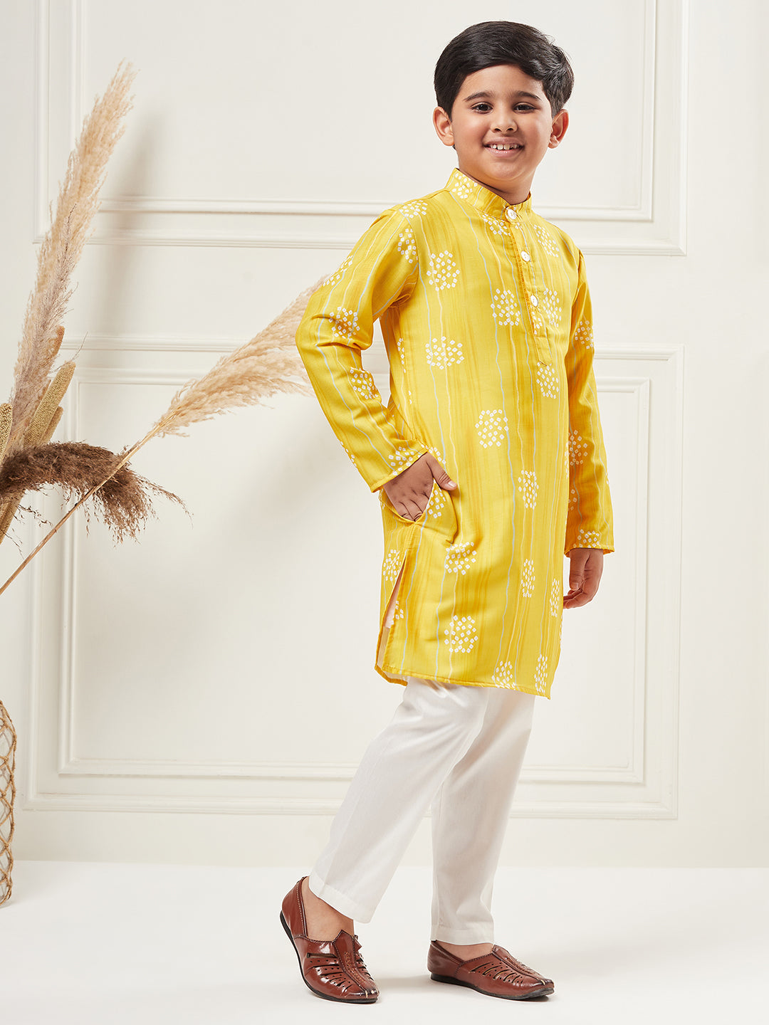 Boys Above Knee All over print Kurta Set - Yellow