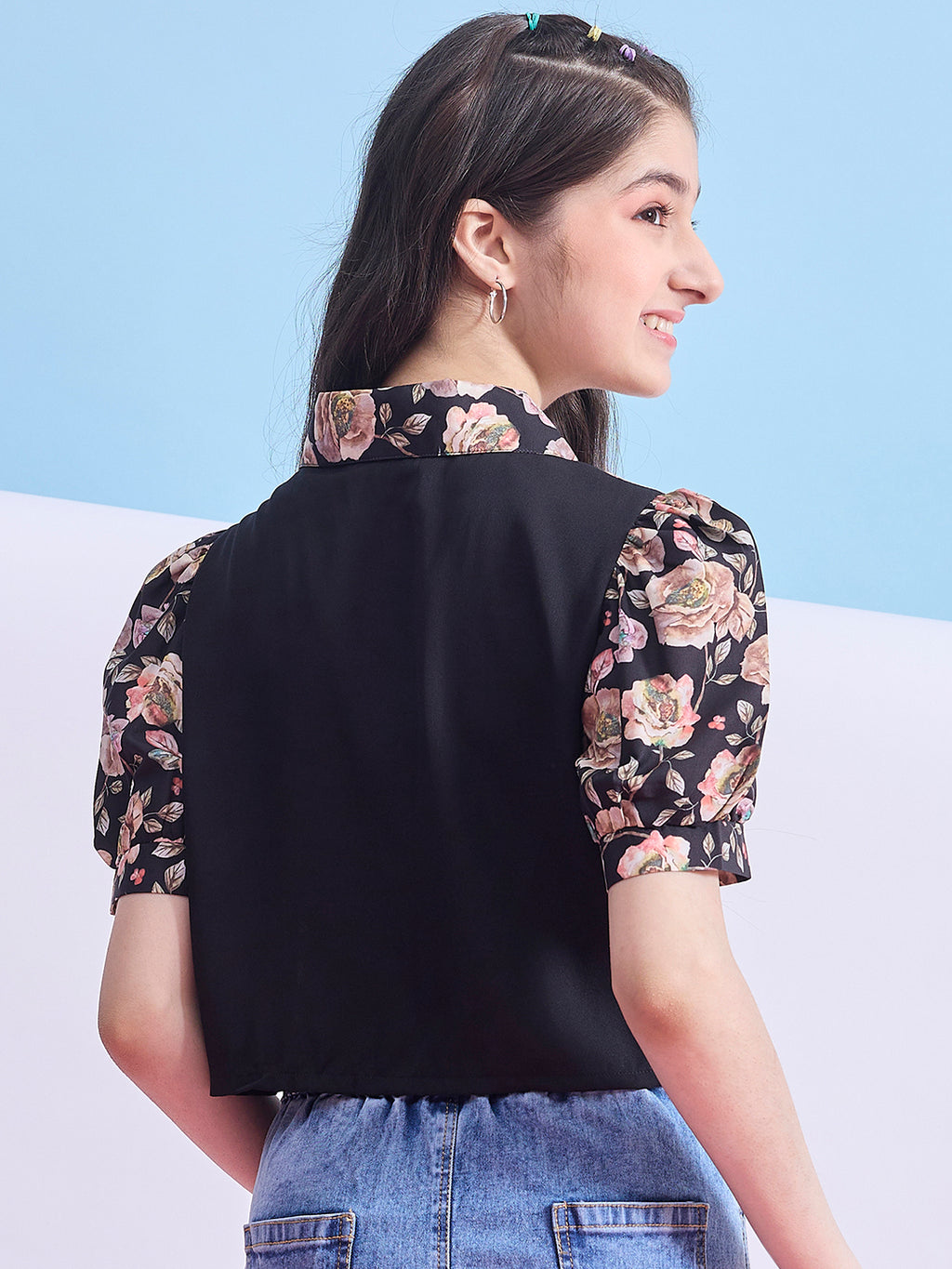 Girls Waist Length Printed Top - Black