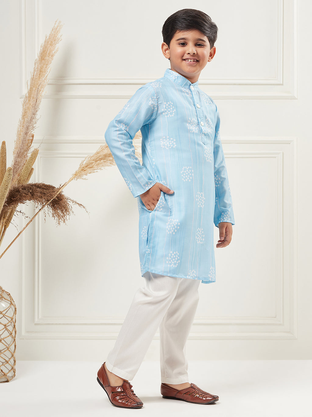 Boys Above Knee All over print Kurta Set - Blue